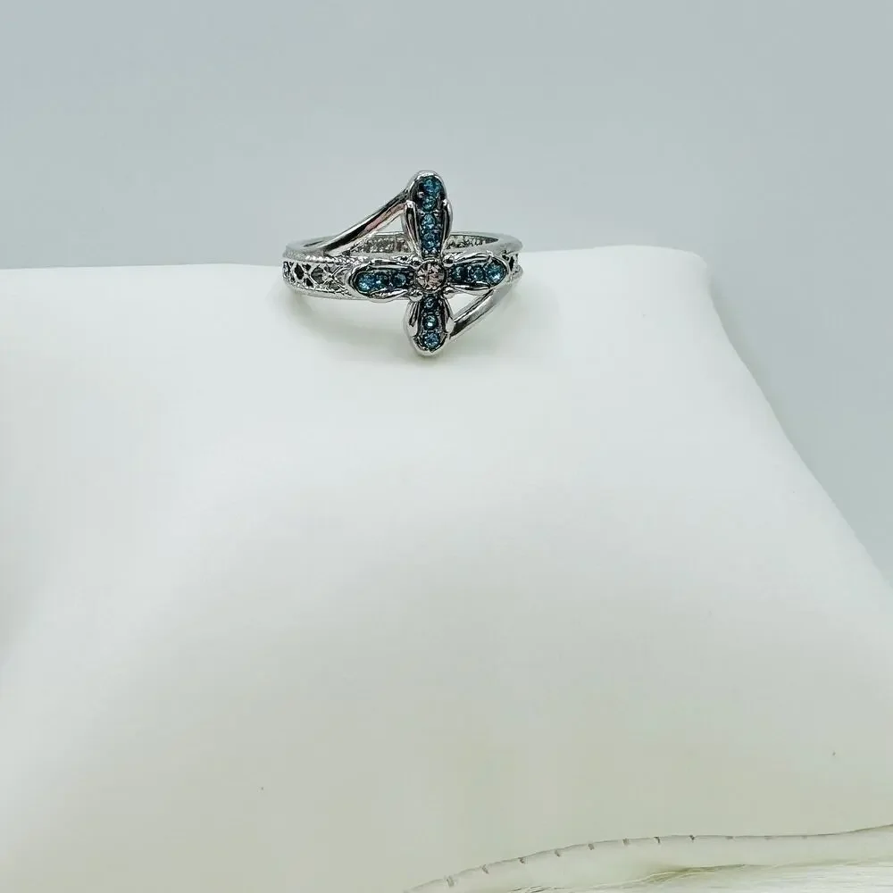 Blue Rhinestone Cross Ring Size 8
